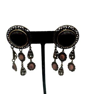Vintage Bohemian Dangle Earrings Pink Plum Beads Ornate Gold Tone Design